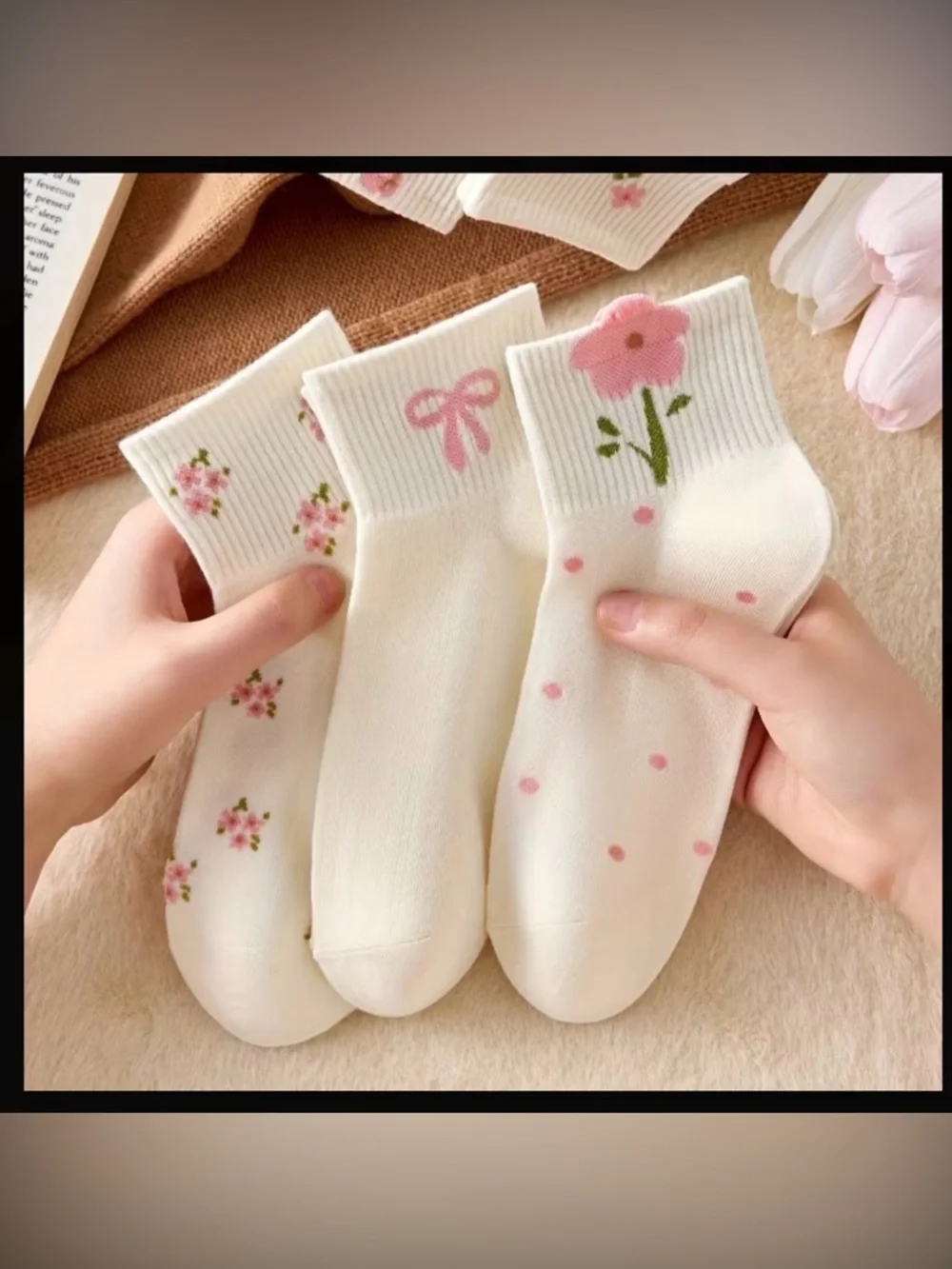New 5 Pairs Floral Butterfly Print Ankle Socks White & Pink Ribbed Elastic Cuff